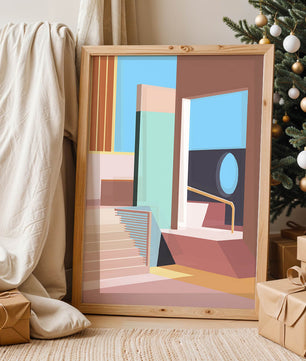 Diseño arquitectónico moderno con elementos geométricos pastel