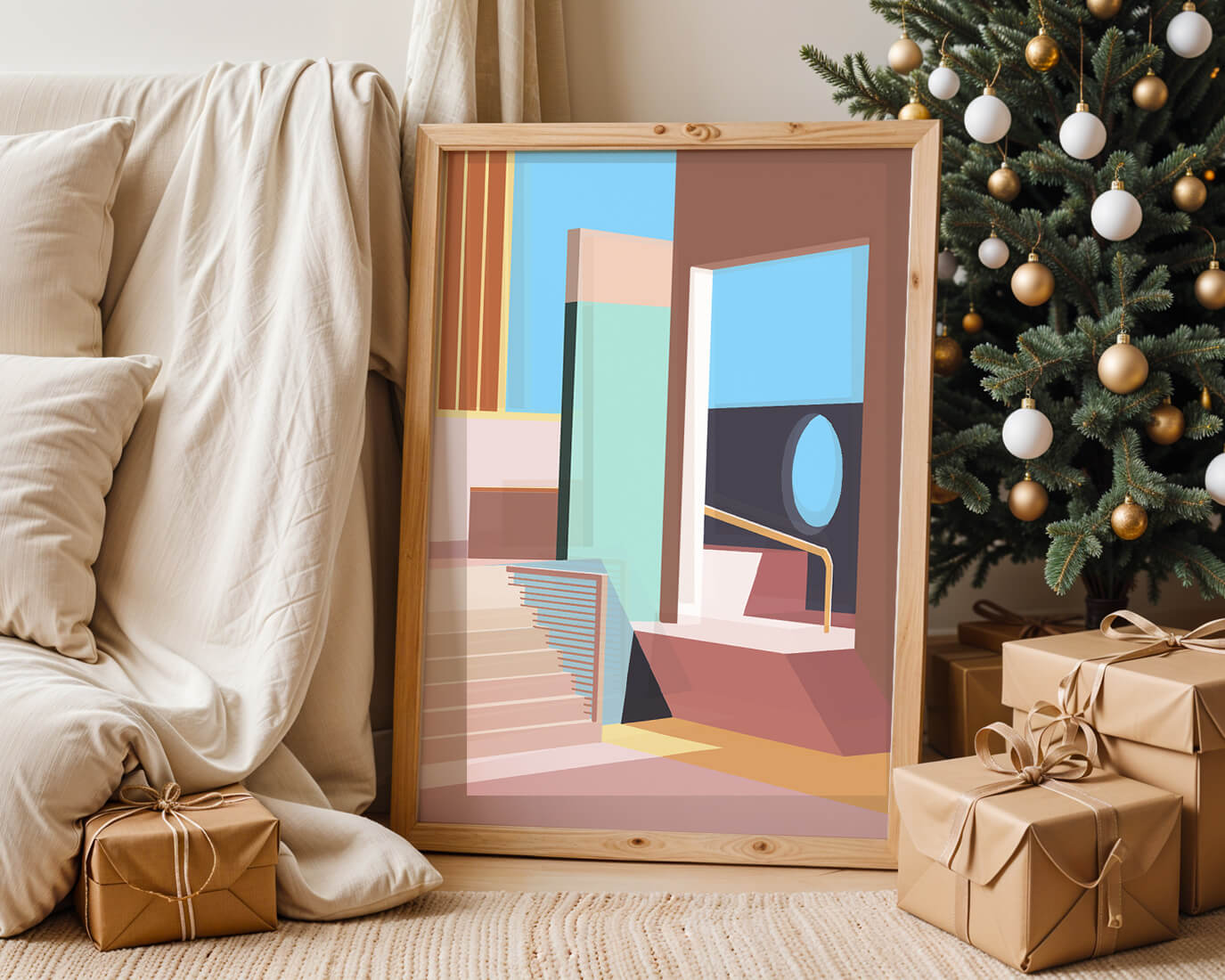 Diseño arquitectónico moderno con elementos geométricos pastel
