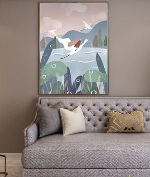 Whimsical landscape with flying birds and pink sky