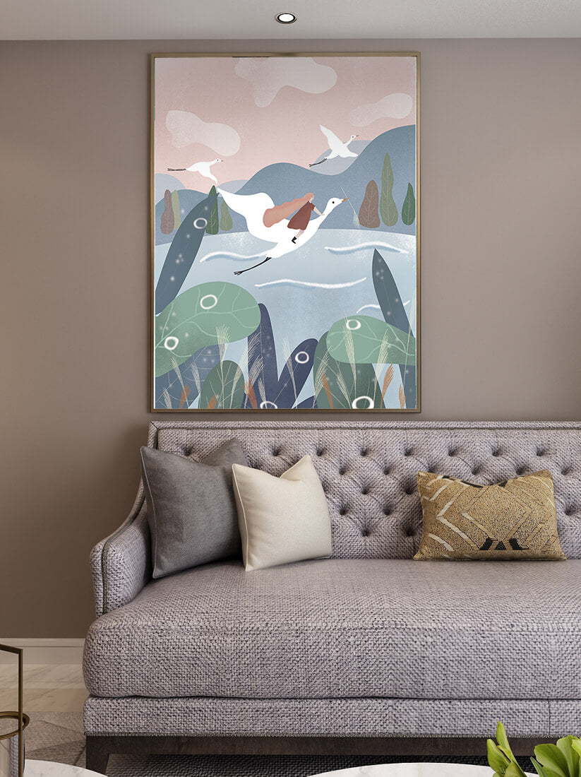 Whimsical landscape with flying birds and pink sky