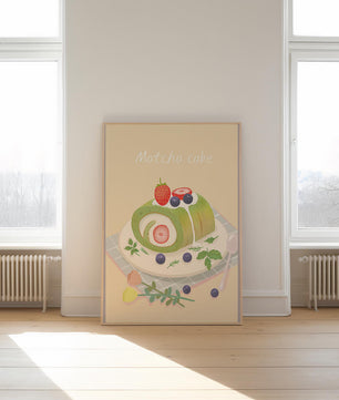 Illustration of a Matcha Roll Cake with Fresh Berries on Pastel Background - Mi tienda