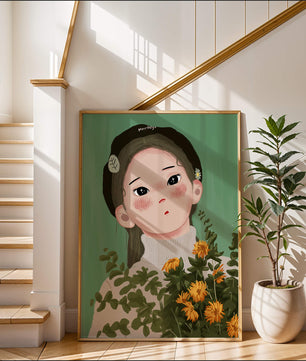 Illustration of a girl with flowers and a beret on a green background