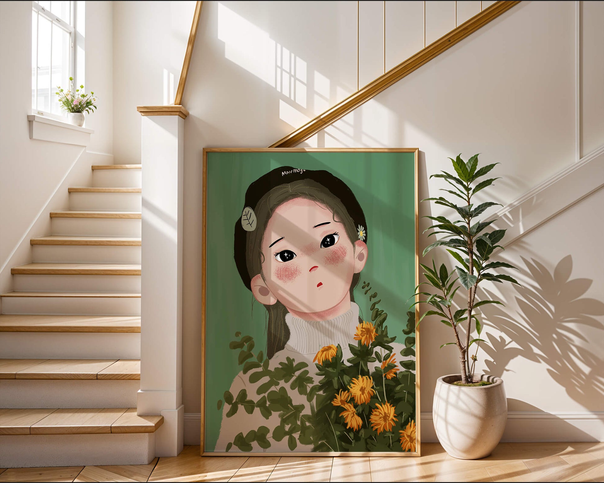 Illustration of a girl with flowers and a beret on a green background