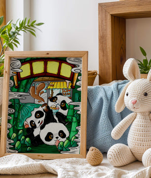 Ilustración de pandas encantadores disfrutando de helado bajo un puente de bambú