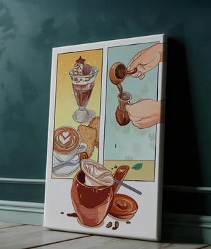 Ilustración artística de café y postre con detalles dorados