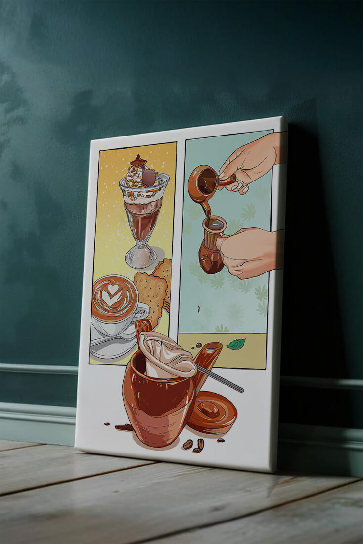 Ilustración artística de café y postre con detalles dorados