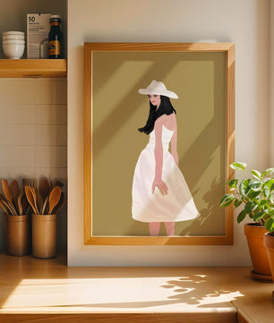 Woman in a white dress and hat on a gold background