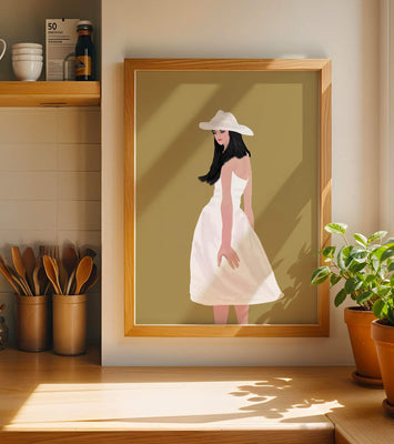 Woman in a white dress and hat on a gold background