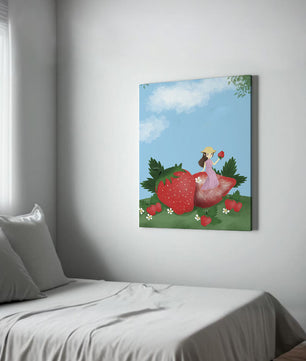 Ilustración encantadora de una niña en un campo de fresas