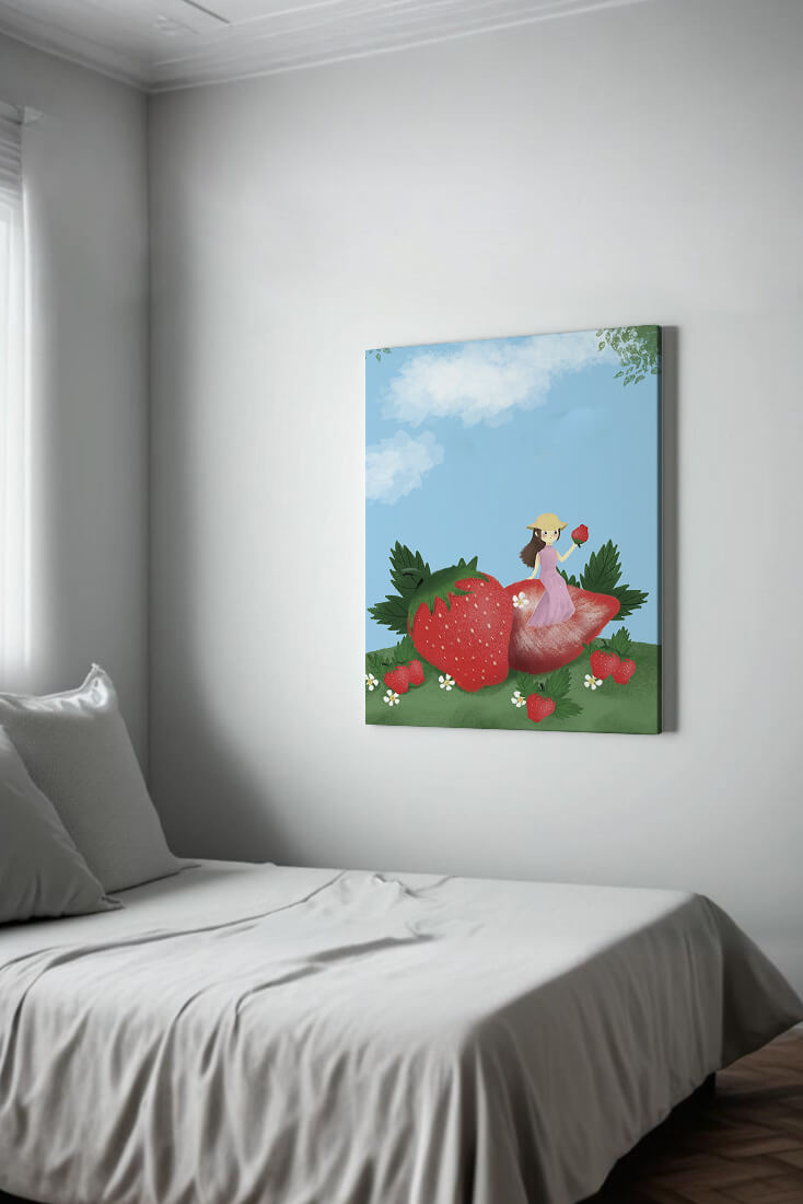 Charming illustration of a girl in a strawberry field
