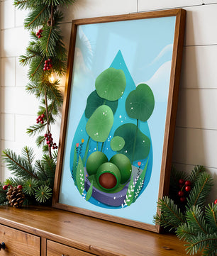 Nature-inspired abstract illustration with leaves and spheres