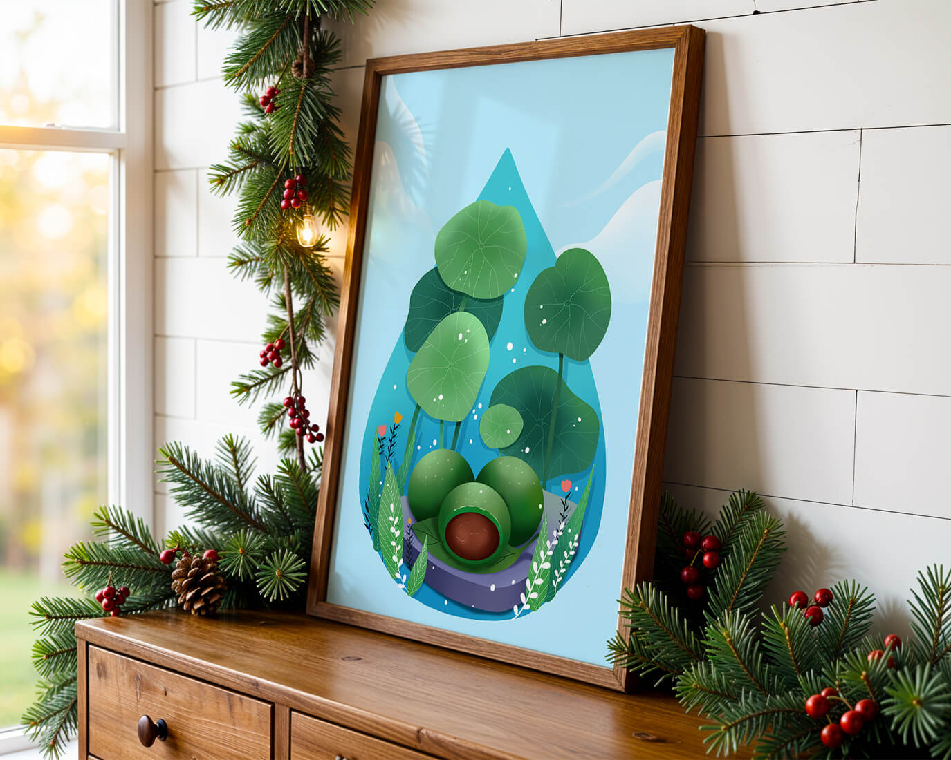 Nature-inspired abstract illustration with leaves and spheres