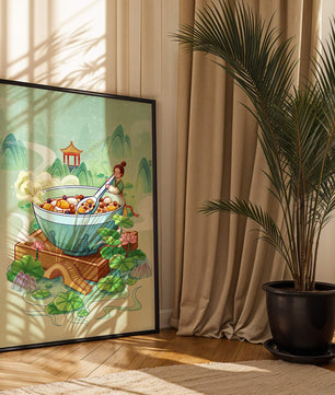 Illustration of a traditional Asian scene with large bowl and serene landscape