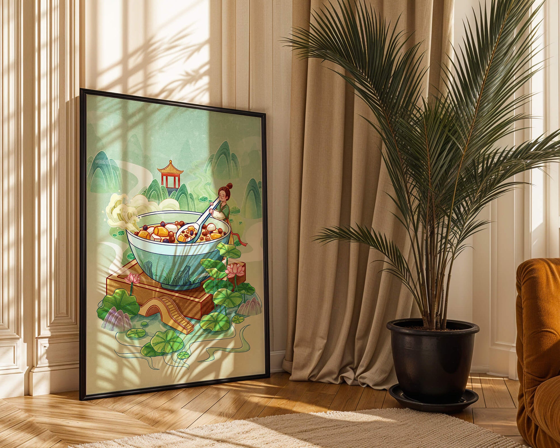 Illustration of a traditional Asian scene with large bowl and serene landscape