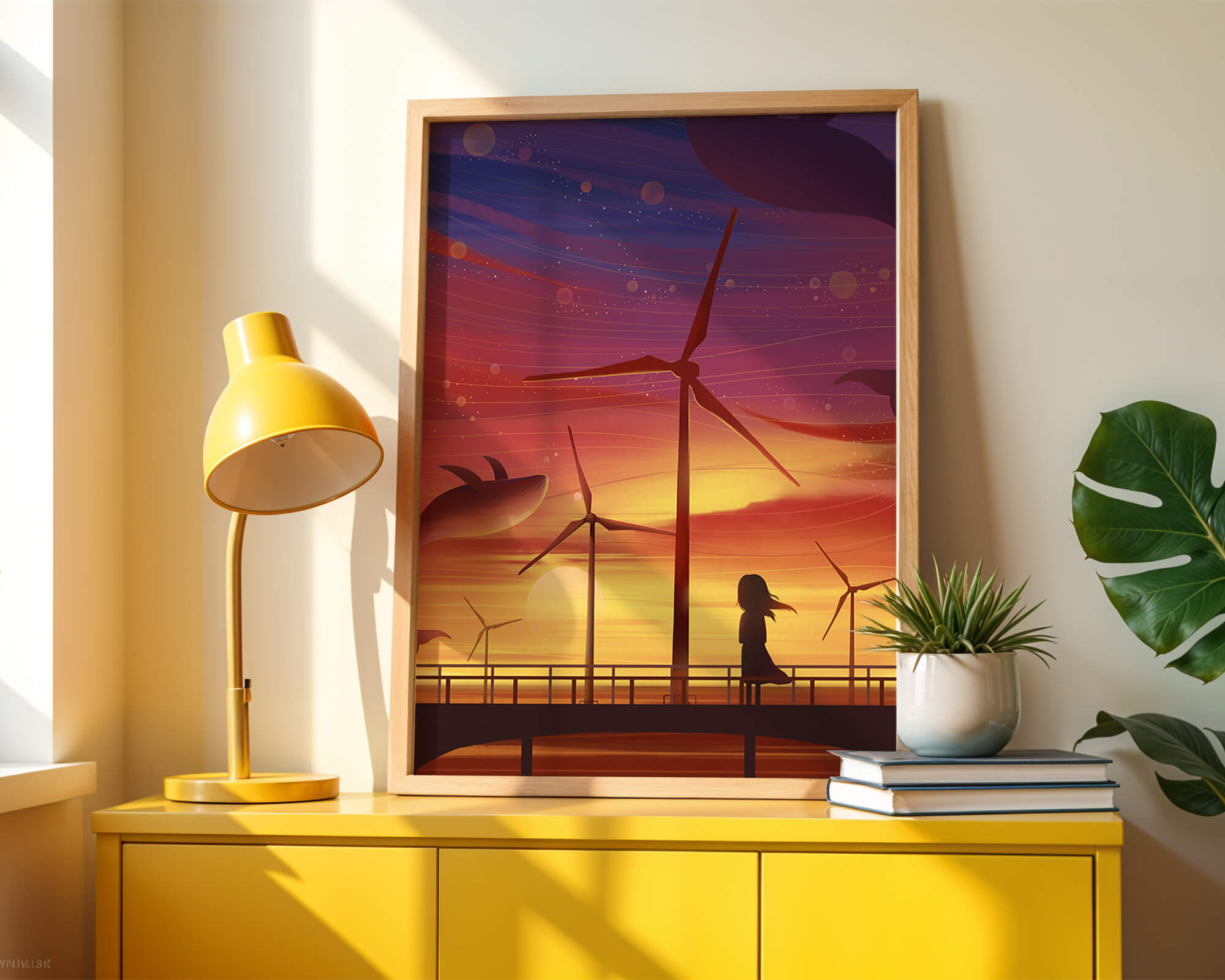 Enchanting sunset scene with wind turbines and silhouette of a girl