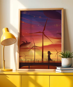 Enchanting sunset scene with wind turbines and silhouette of a girl