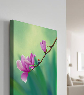 Serene illustration of magnolia flowers with a small figure in a hat