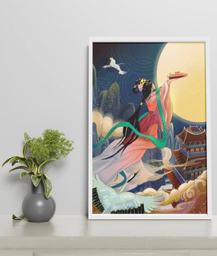 Oriental Fantasy Scene with Woman Offering Gift to the Moon