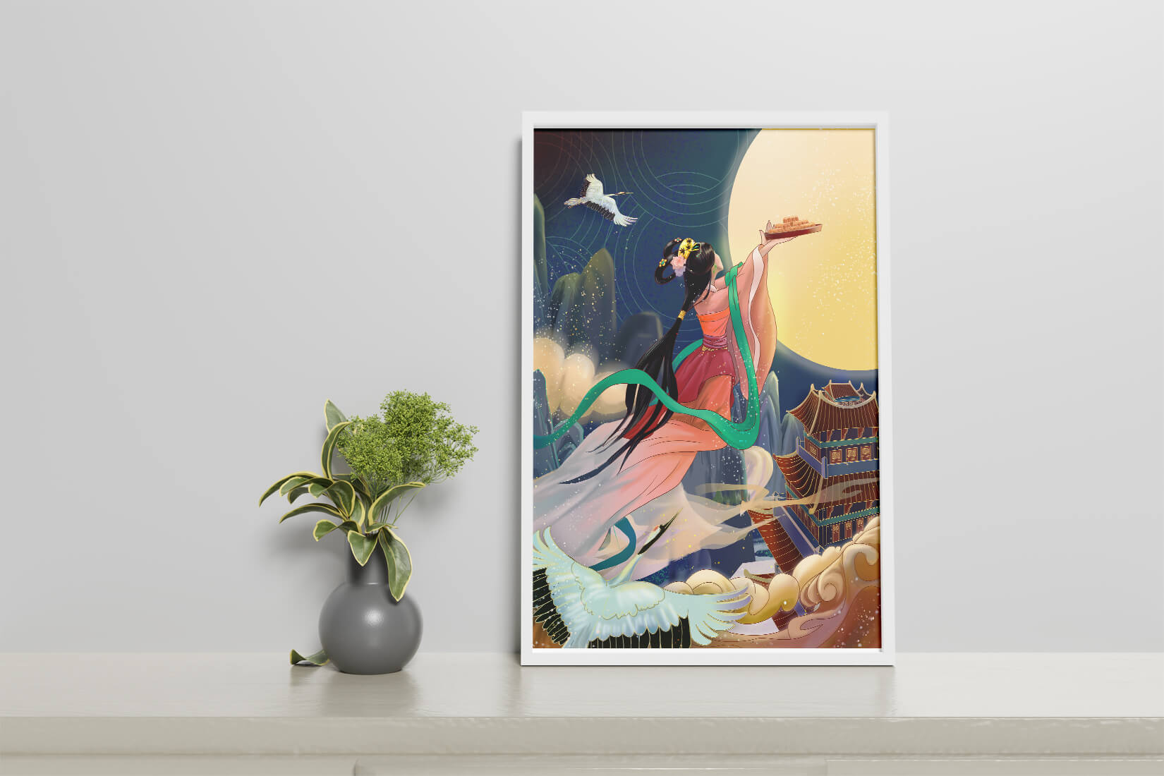 Oriental Fantasy Scene with Woman Offering Gift to the Moon
