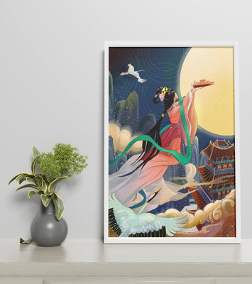 Oriental Fantasy Scene with Woman Offering Gift to the Moon