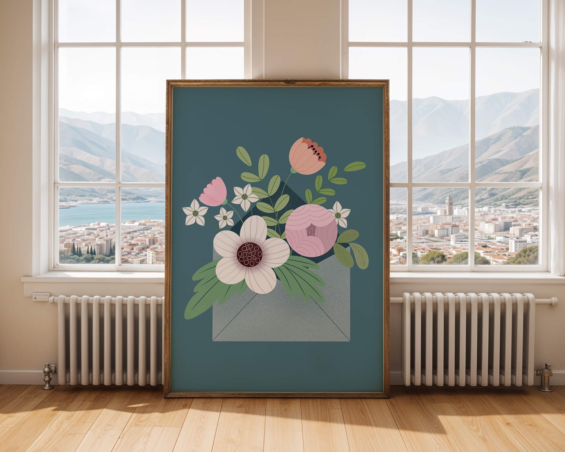 Floral bouquet in envelope with elegant botanical design