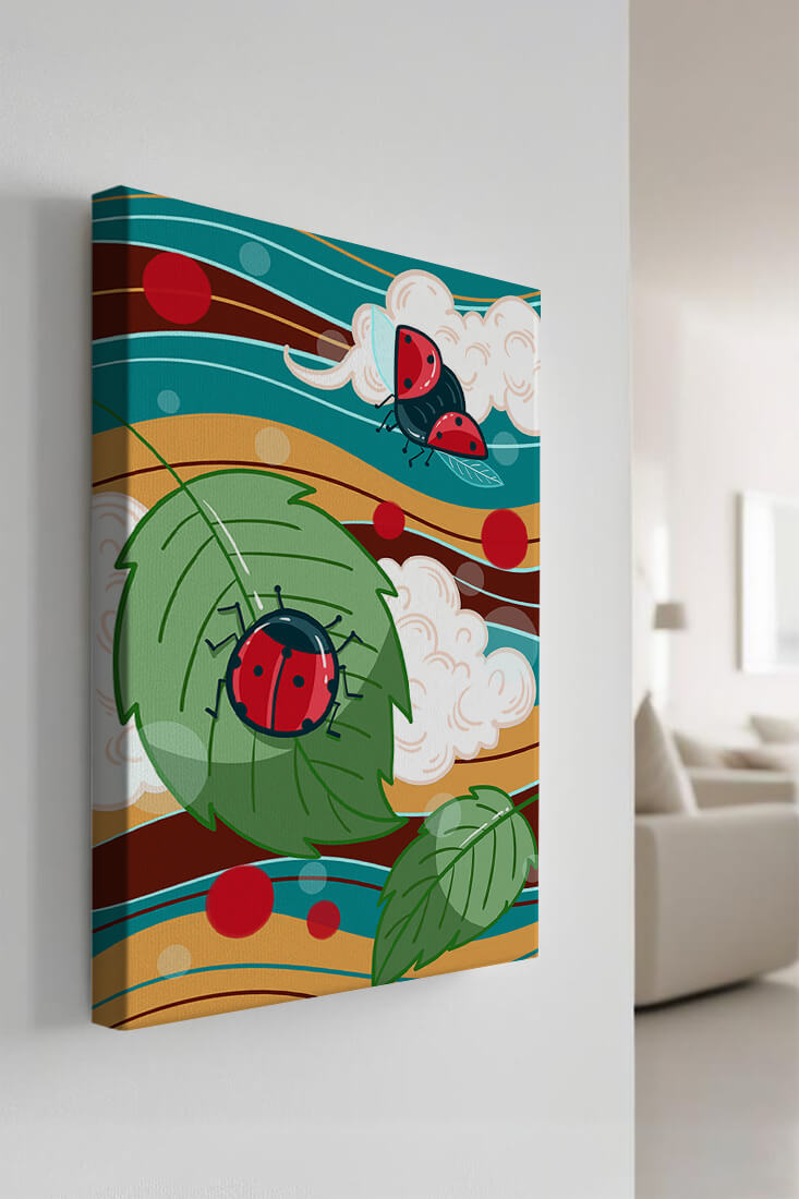 Colorful illustration of ladybugs in a whimsical natural setting
