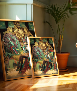 Art fantastique élégant d'une femme avec un dragon majestueux et des éléments dorés