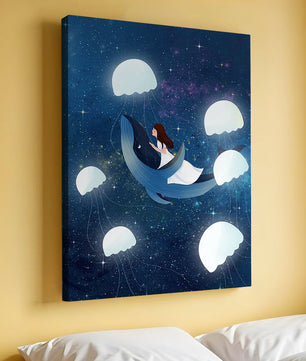 Dreamlike scene of a girl riding a whale among jellyfish in space