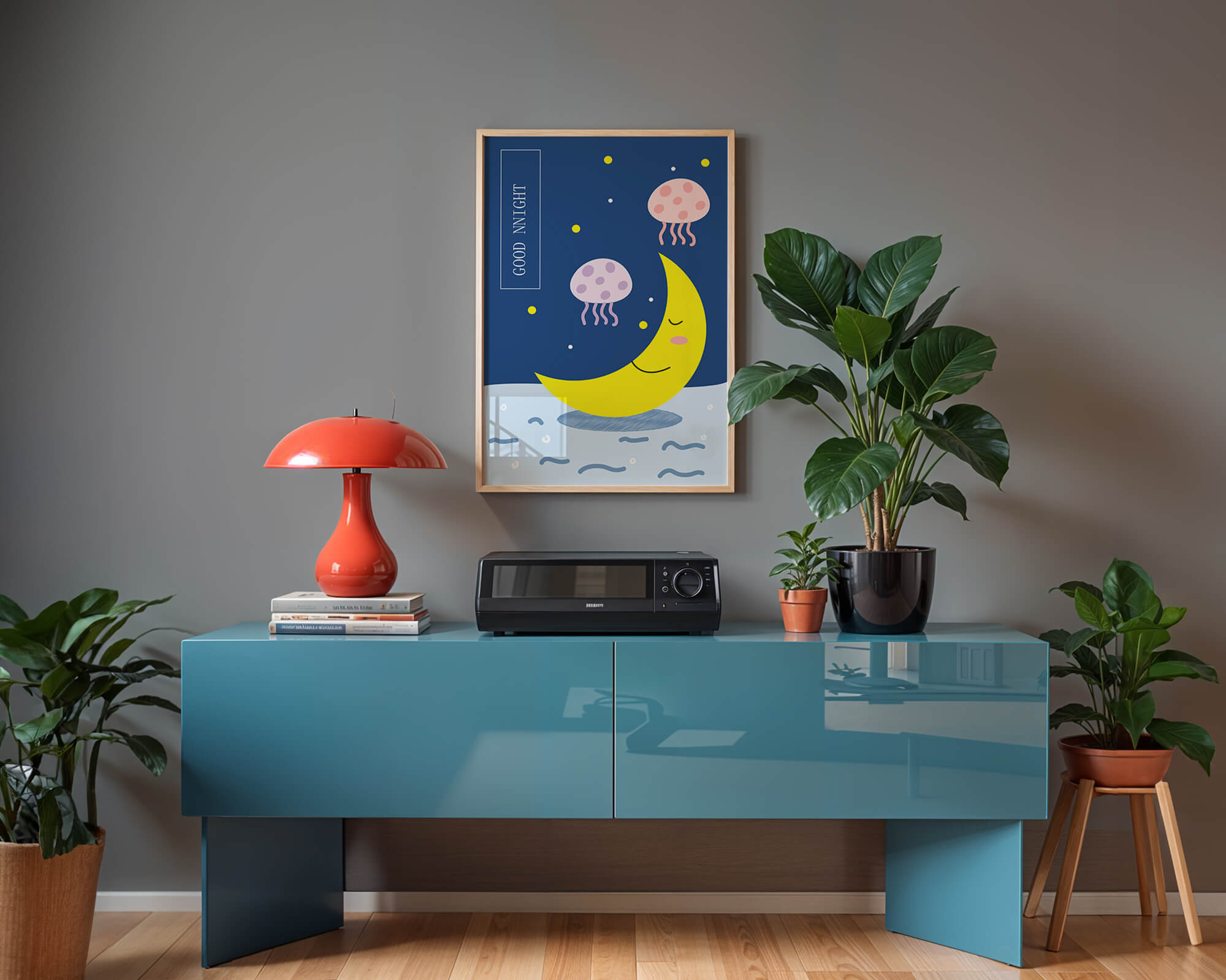 Whimsical night scene with a smiling moon and playful jellyfish