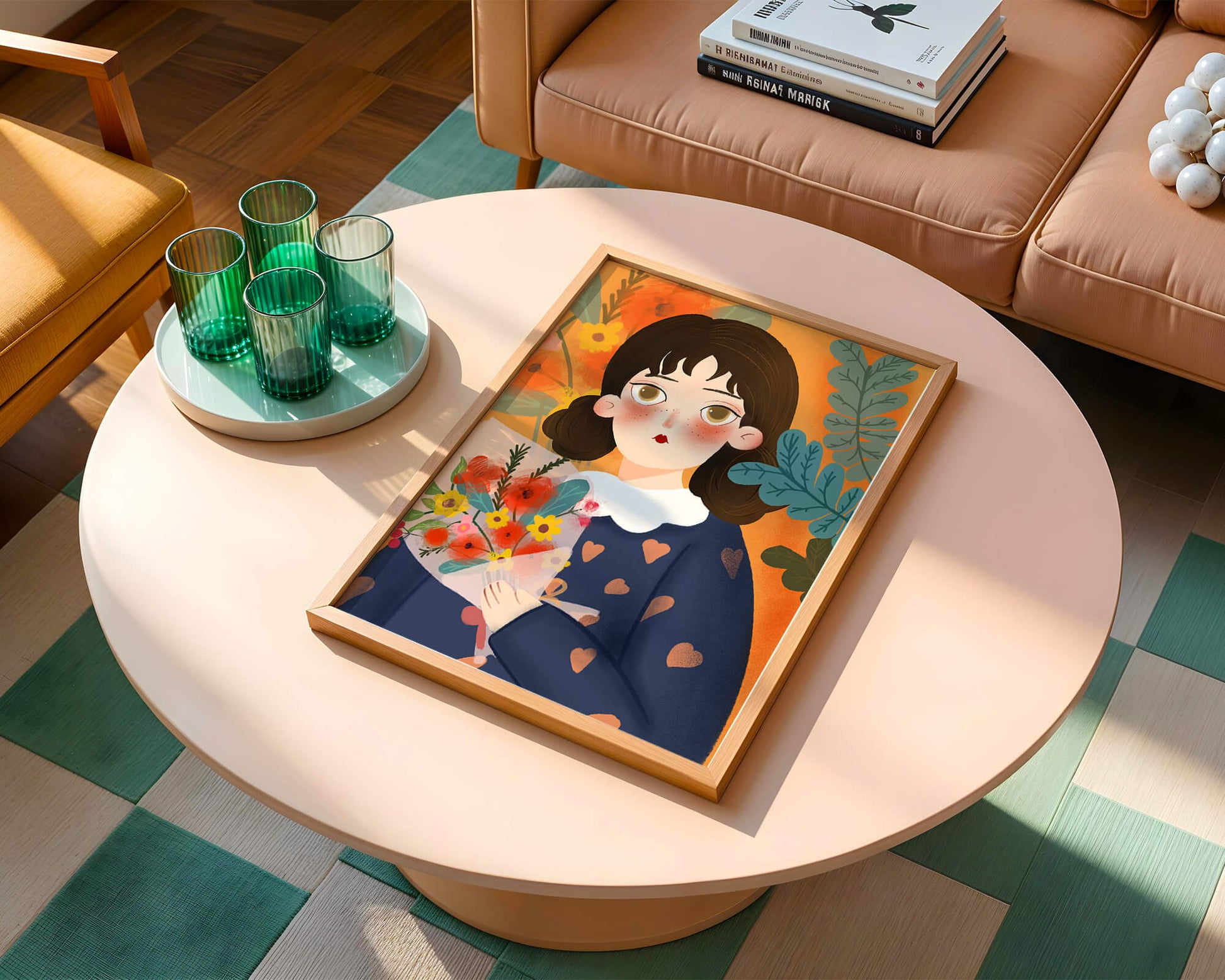 Ilustración colorida de una niña con flores rodeada de un fondo floral vibrante.
