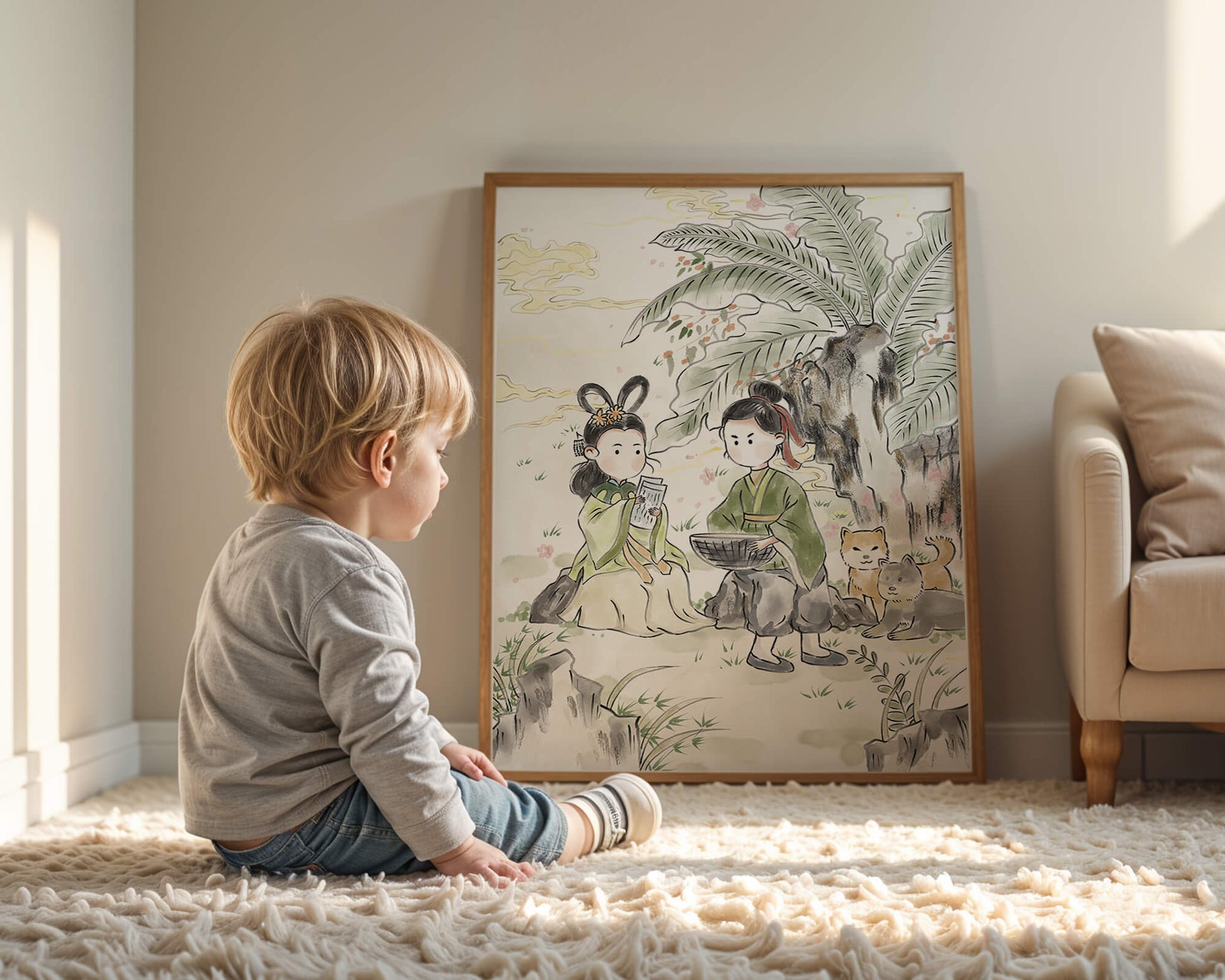 Arte asiático tradicional con dos personas y perros bajo un árbol