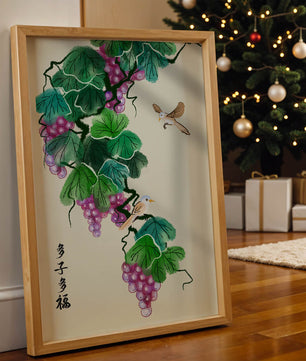 Watercolor grapevine and birds illustration with traditional art style