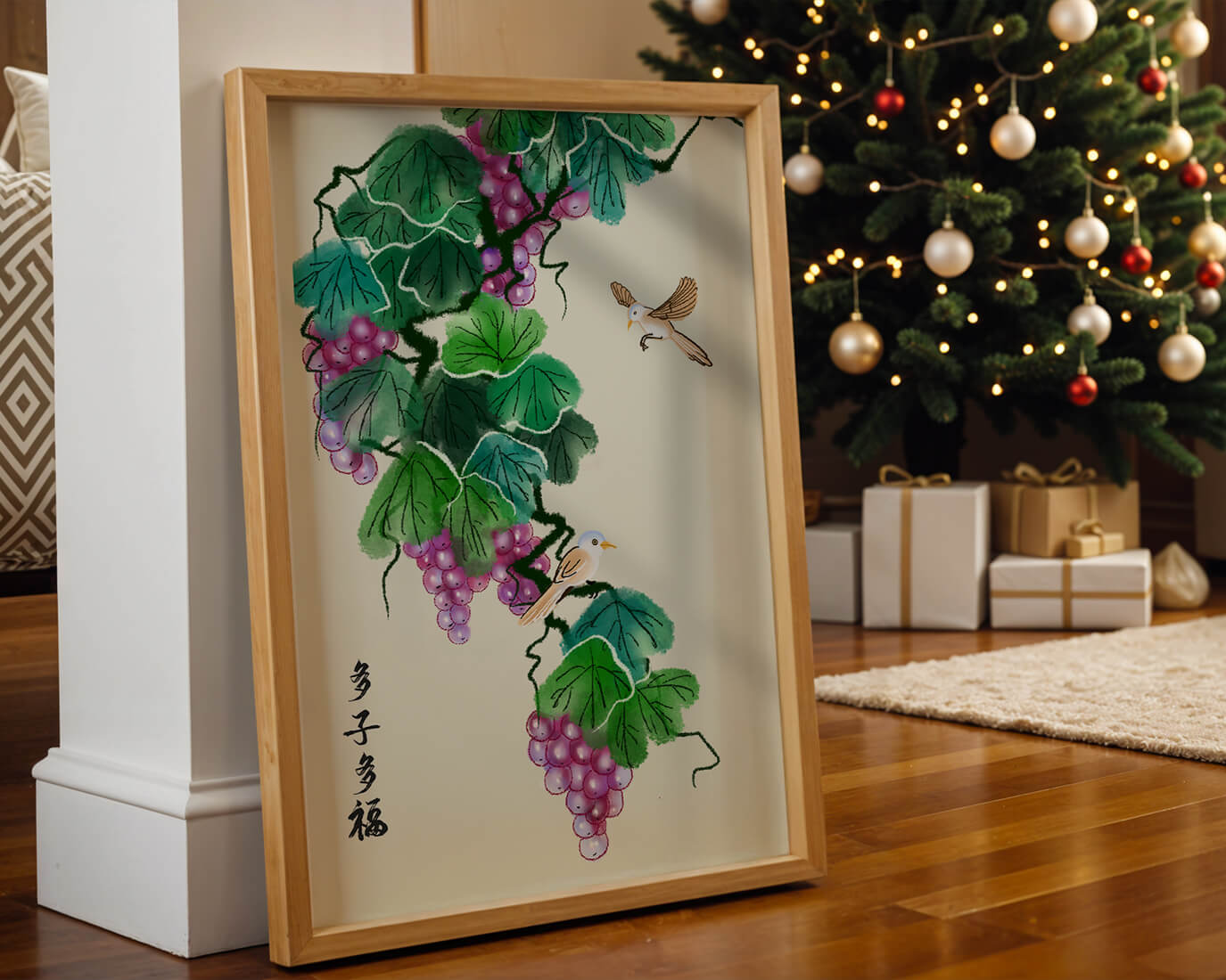 Watercolor grapevine and birds illustration with traditional art style