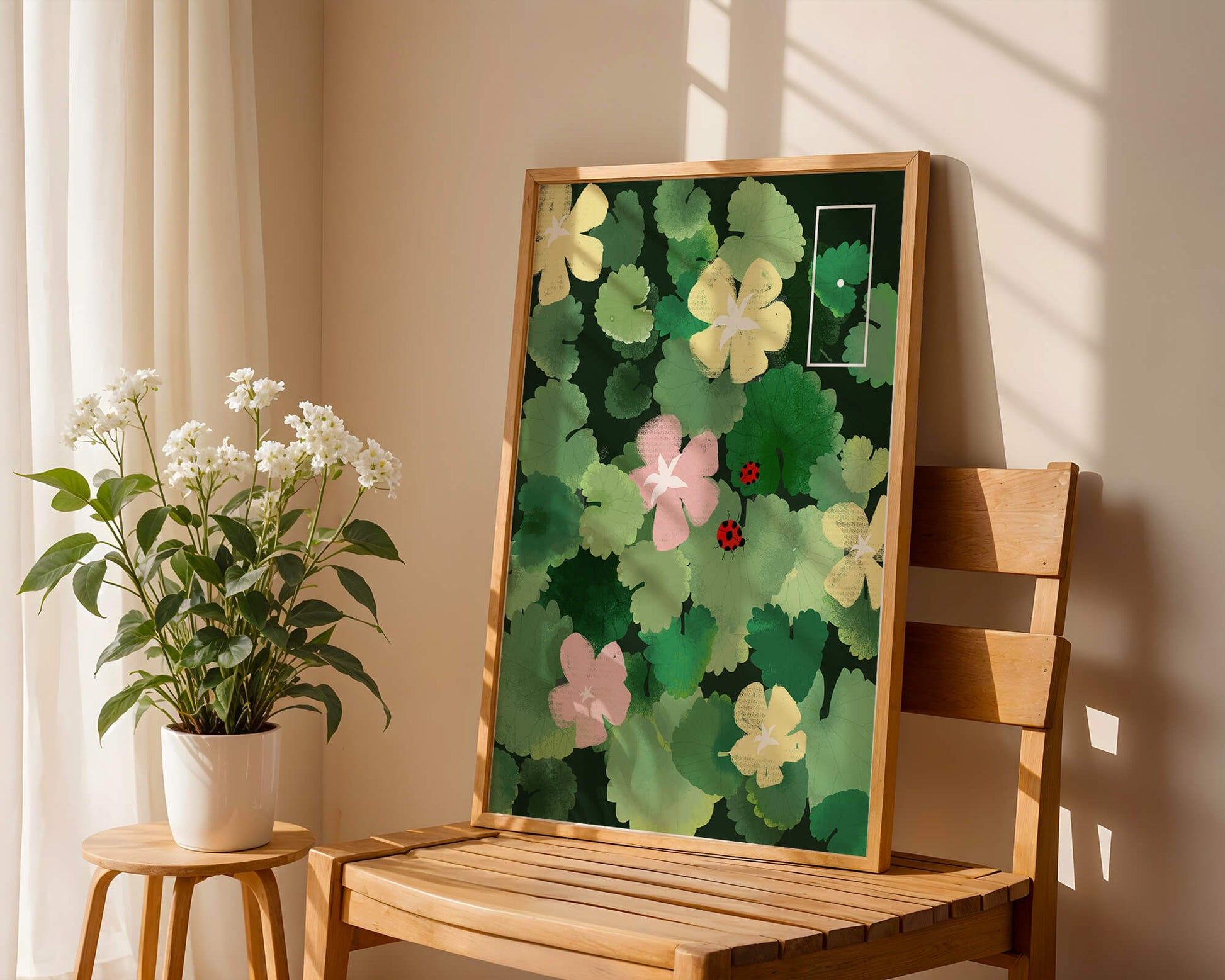 Colorful floral illustration with ladybugs in a lush garden setting