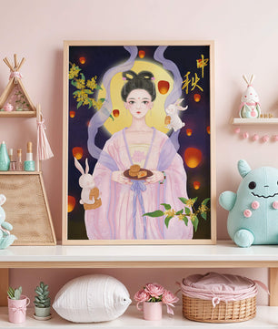 Mid-Autumn Festival Illustration with Moon Goddess and Rabbits