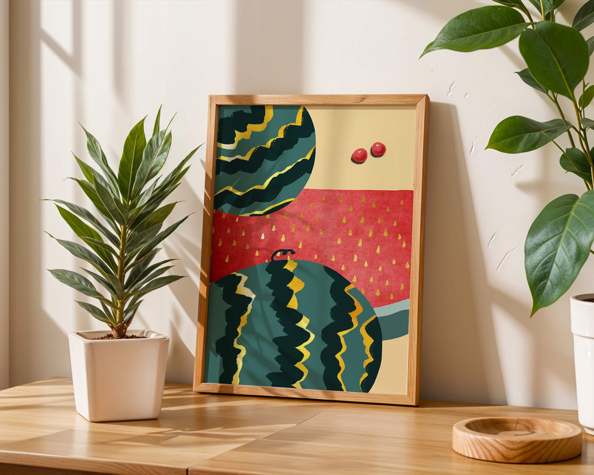 Arte abstracto vibrante de sandía con reflejos dorados