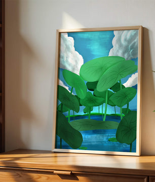 Serene landscape with lush green leaves and blue horizon
