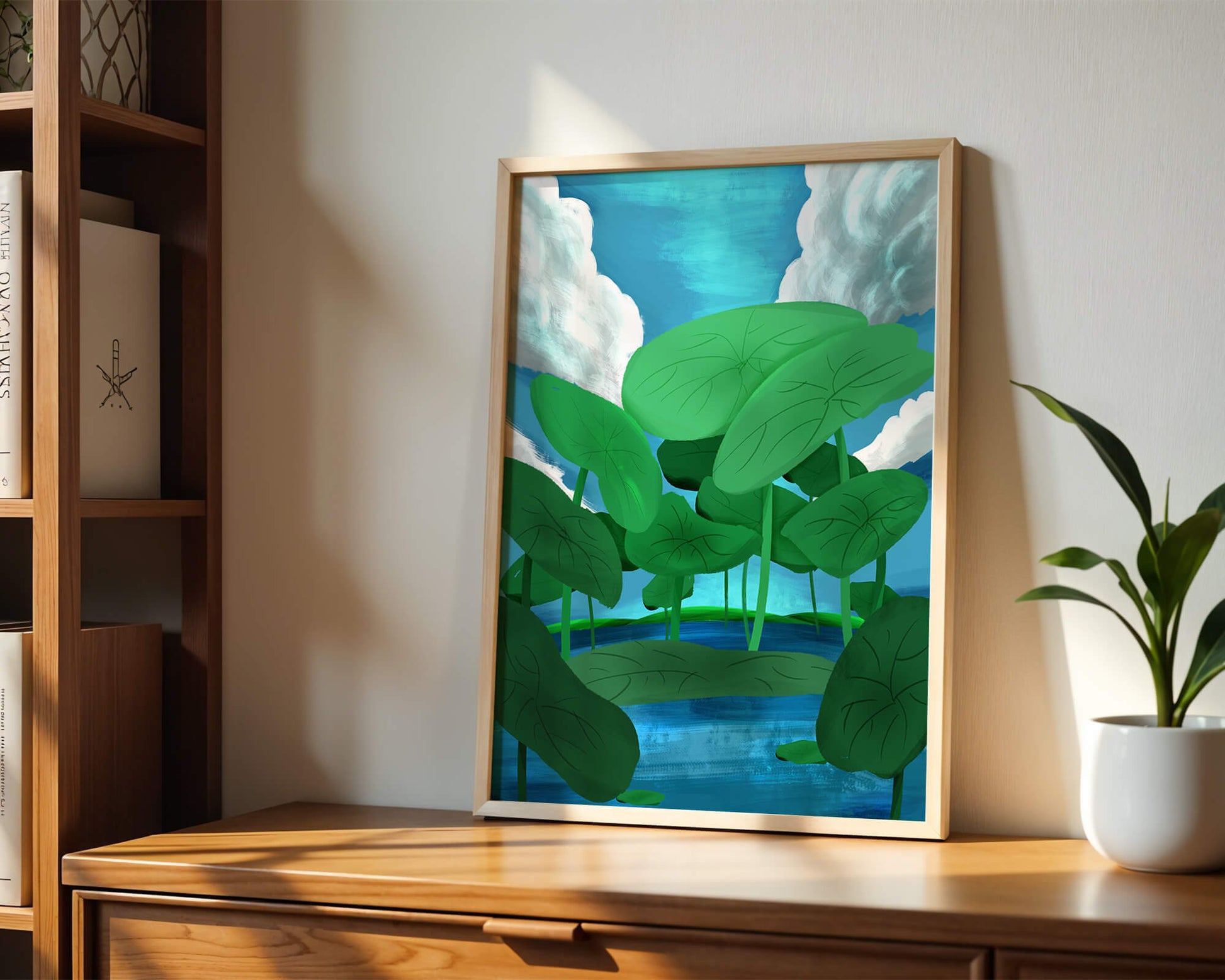 Serene landscape with lush green leaves and blue horizon