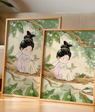 Serene illustration of a girl with a bird in a tree
