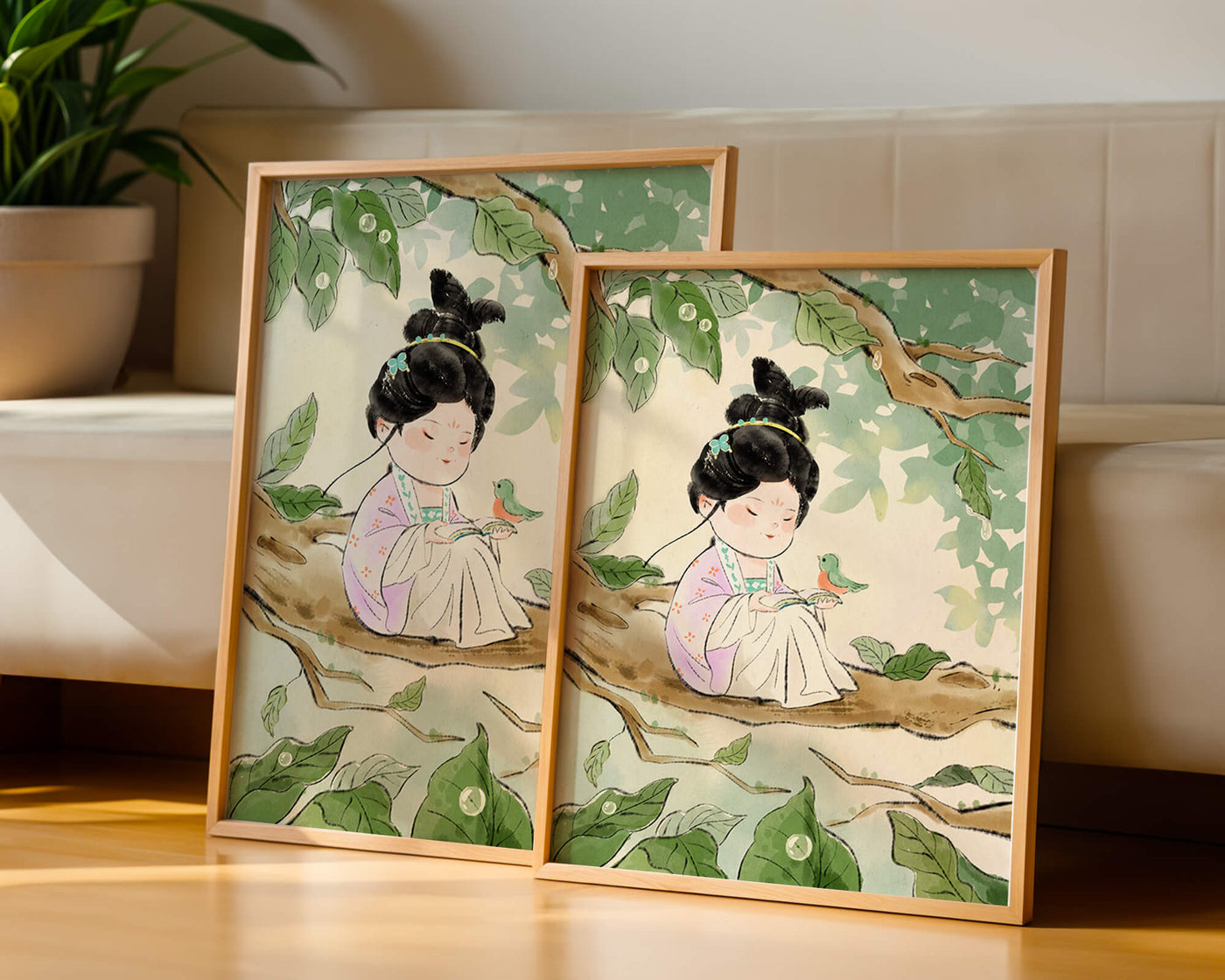 Serene illustration of a girl with a bird in a tree