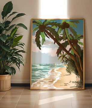 Tranquil Beach Scene with Palm Trees and Sailboats