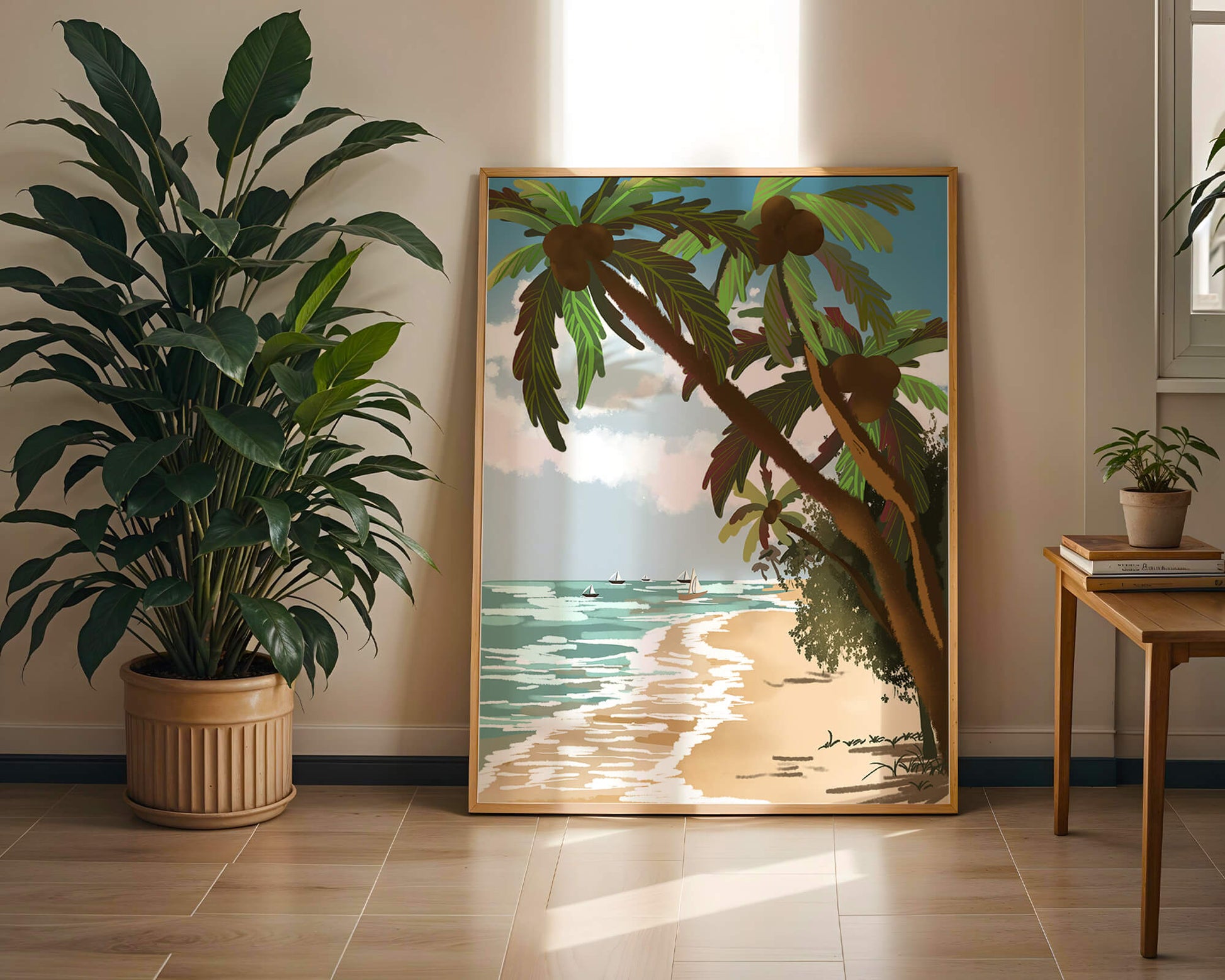 Tranquil Beach Scene with Palm Trees and Sailboats