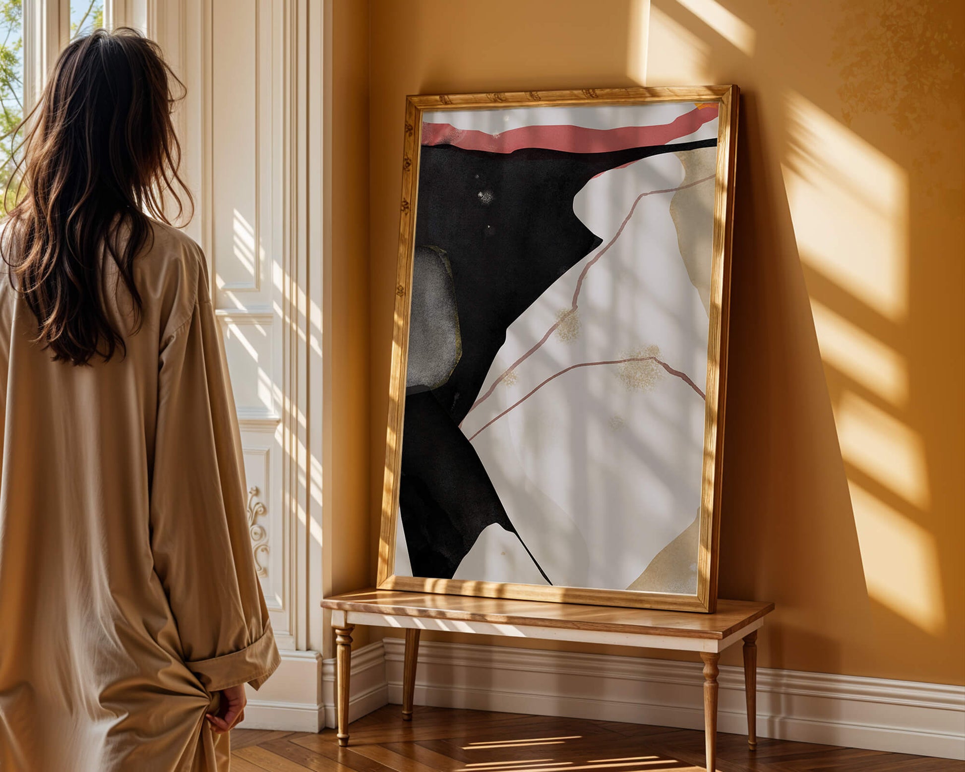 Abstract Composition with Bold Black and Subtle Gold Accents