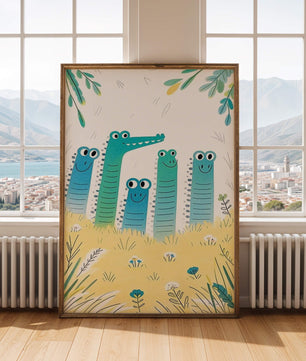 Illustration of Happy Cartoon Crocodiles in a Colorful Meadow - Mi tienda