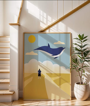 Surreal Landscape with Flying Blue Whale and Human on Desert Path