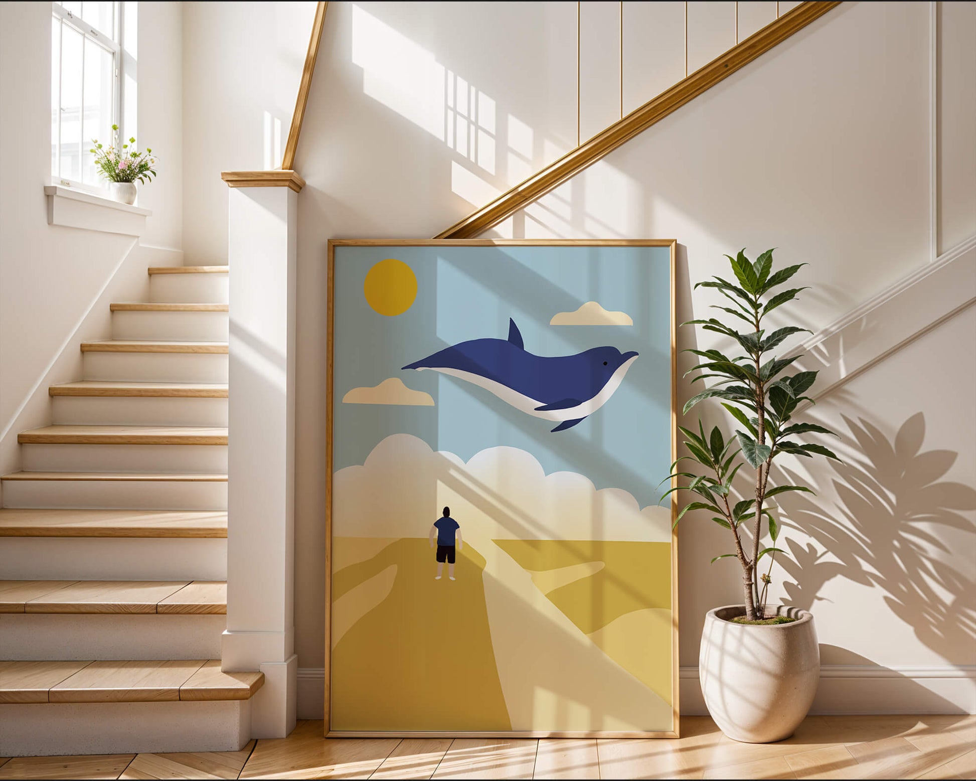 Paisaje surrealista con ballena azul voladora y humano en camino desértico