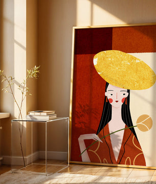 Elegant Woman with a Gold Hat and a Flower on a Red Background - Mi tienda