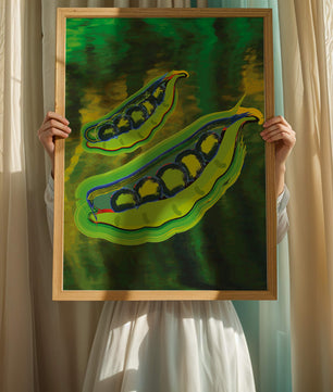 Ilustración abstracta de guisantes verdes coloridos con fondo vibrante