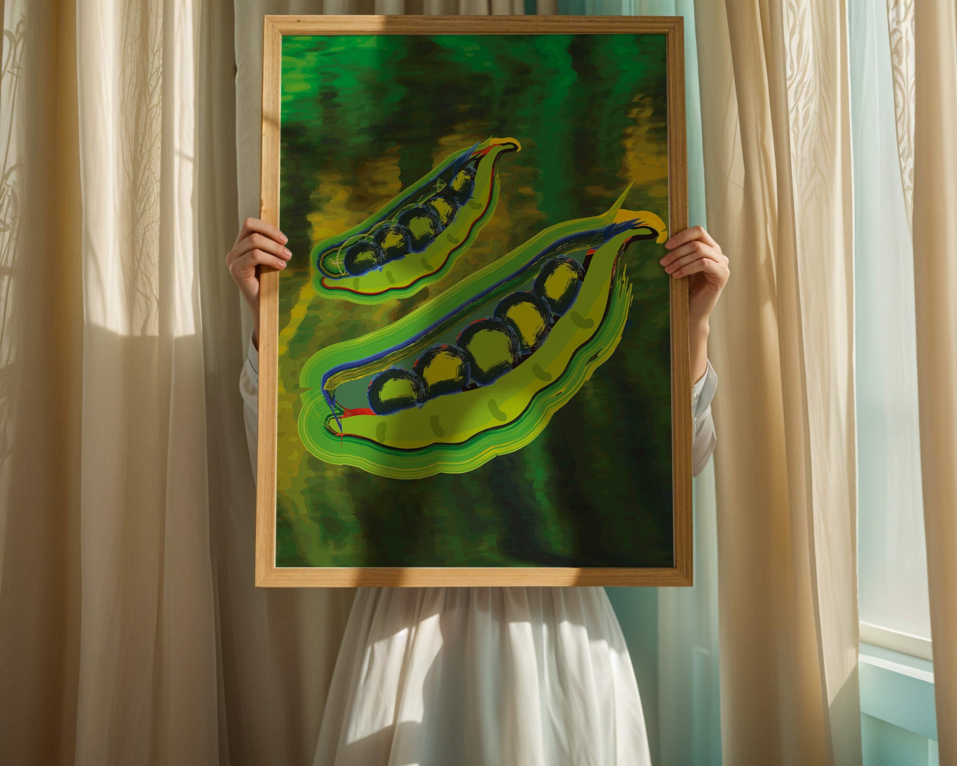 Ilustración abstracta de guisantes verdes coloridos con fondo vibrante