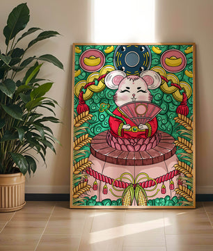 Ratón decorativo encantador con elementos asiáticos y monedas sobre un fondo vibrante